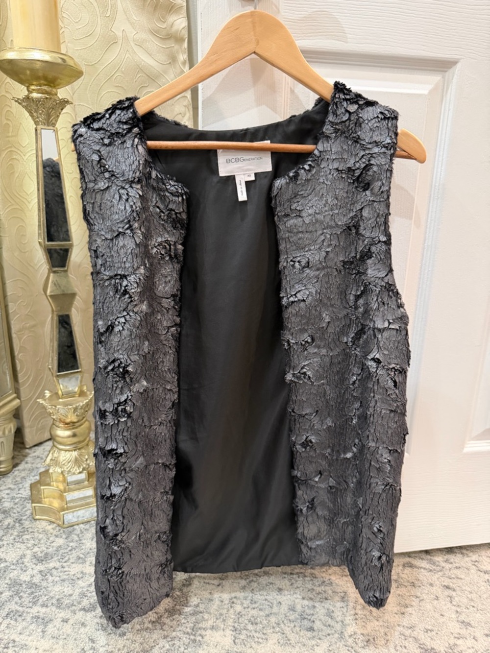 BCBGMAXAZRIA Textured Faux-Fur Sleeveless Vest - Black